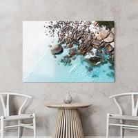 Acrylic beach photography print, glossy coastal wall art of Duke of Orleans Bay's blue water and white sand