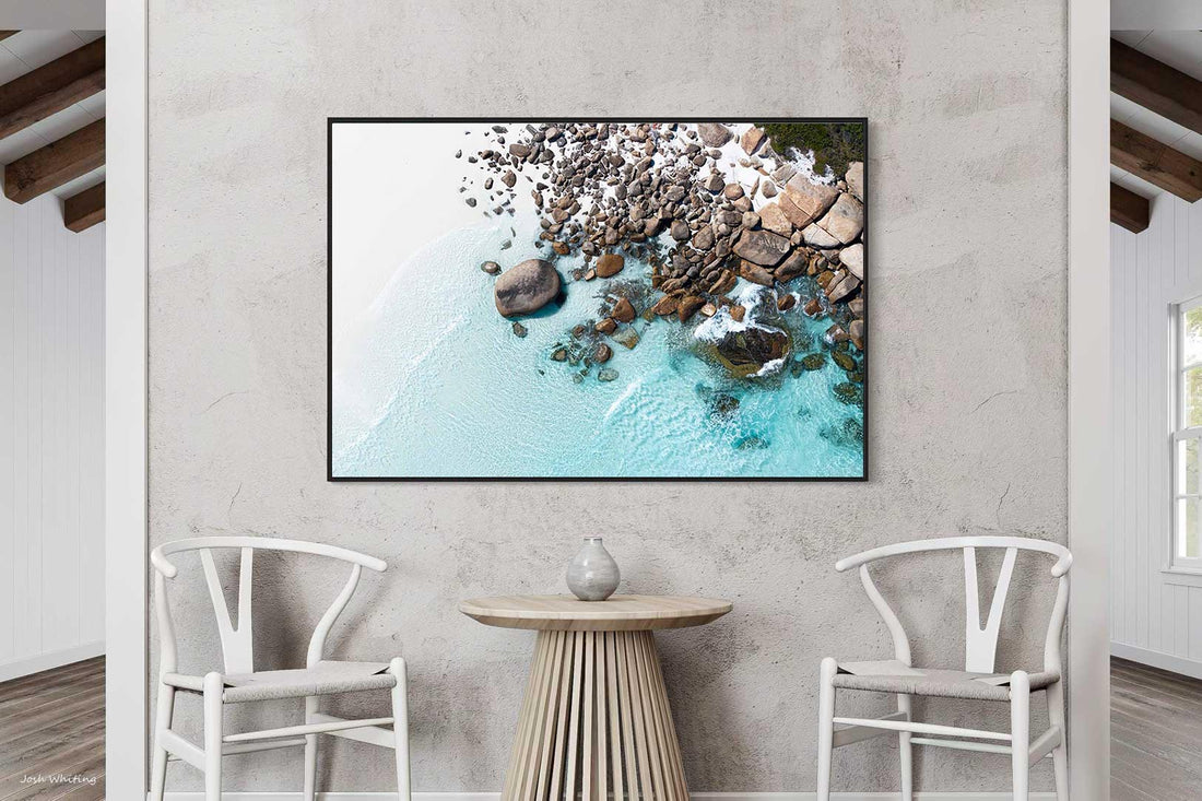 Black floating frame canvas, bold Australian beach wall art of the sand dunes at Duke of Orleans Bay