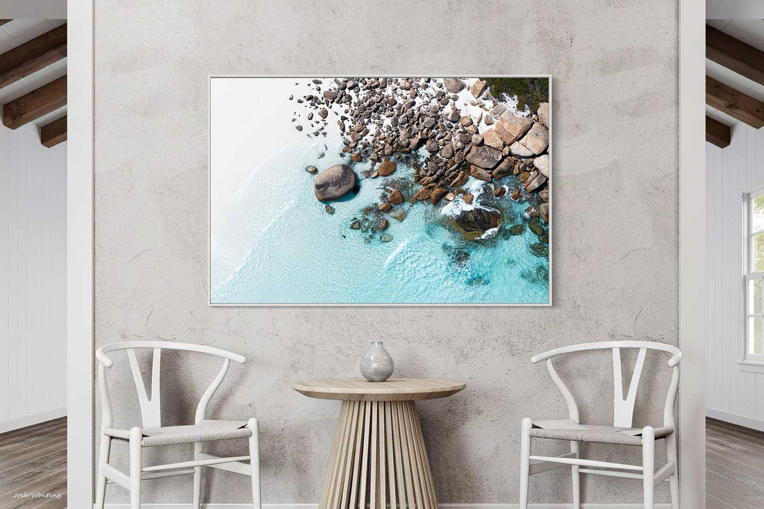Extra large wall art canvas with a white floating frame, coastal photography of Duke of Orleans Bay's white sand dunes