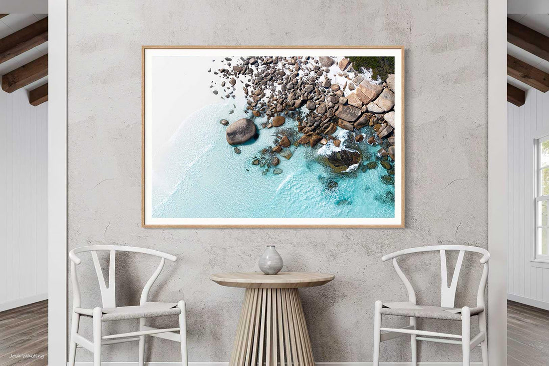 Oak framed coastal wall art print, clear blue water and sand dune photography from Duke of Orleans Bay