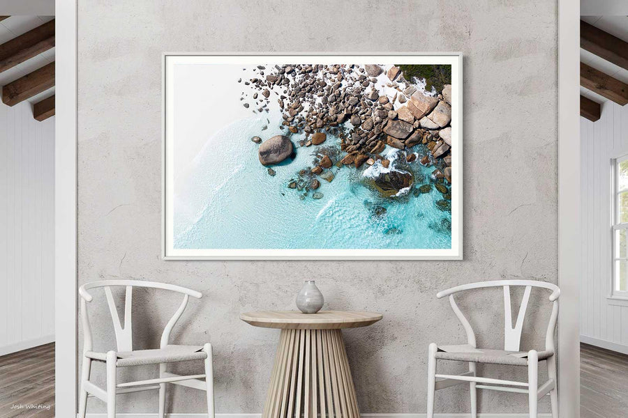 White framed beach photography print of Duke of Orleans Bay's clear blue water, Western Australia coastal wall art [[framed_white]]