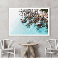 White framed beach photography print of Duke of Orleans Bay's clear blue water, Western Australia coastal wall art