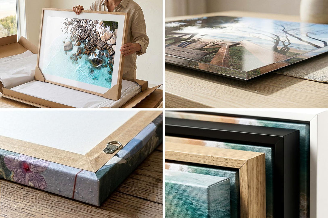Wall art print quality and framing detail — canvas, acrylic and framed corner close-ups