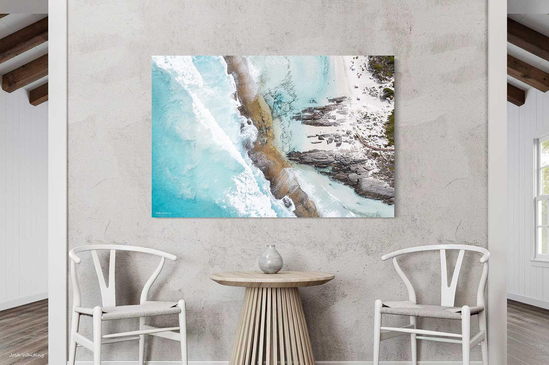 Eleven Mile Beach acrylic wall art featuring turquoise ocean and white sand, premium coastal prints Australia