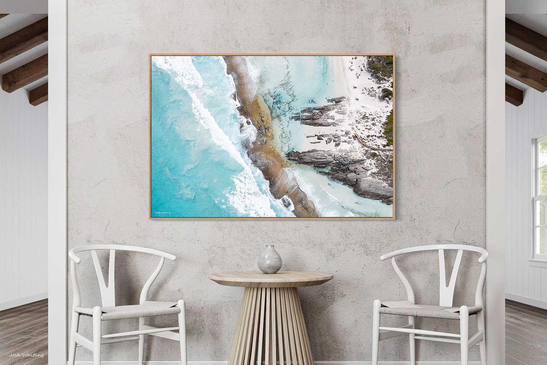 Oak floating frame canvas featuring Eleven Mile Beach aerial photography, Western Australia coastal prints