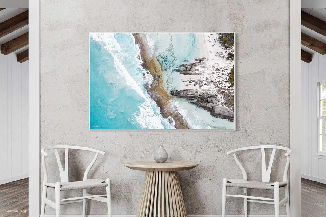 White floating frame canvas of Eleven Mile Beach, Australian coastal wall art and ocean photography print