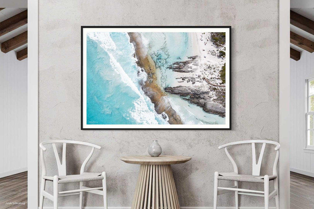 Black framed Eleven Mile Beach coastal wall art, Western Australia photography print for modern coastal interiors