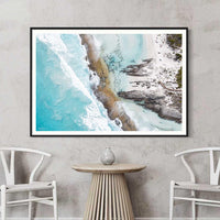 Black framed Eleven Mile Beach coastal wall art, Western Australia photography print for modern coastal interiors
