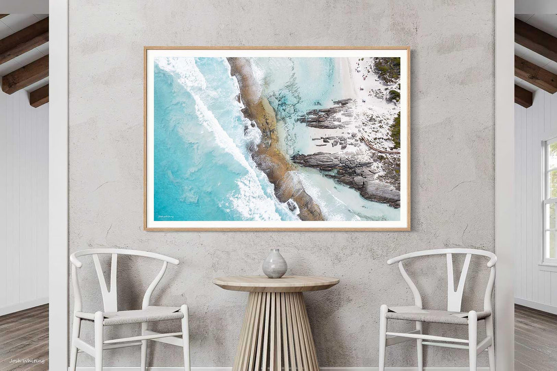 Oak framed Eleven Mile Beach aerial photography print, Australian coastal wall art and beach house decor