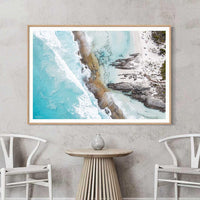 Oak framed Eleven Mile Beach aerial photography print, Australian coastal wall art and beach house decor