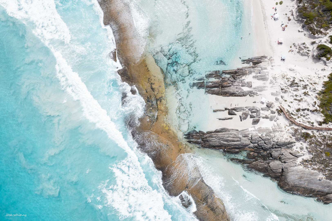 Aerial photography of Eleven Mile Beach, Esperance Western Australia — granite reef and turquoise water along the Great Ocean Drive