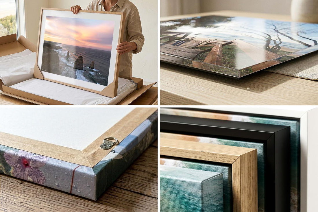 Wall art print quality and packaging detail, canvas, acrylic and framed corner close-ups