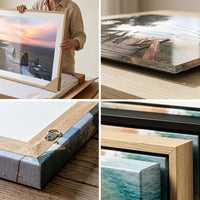 Wall art print quality and packaging detail, canvas, acrylic and framed corner close-ups