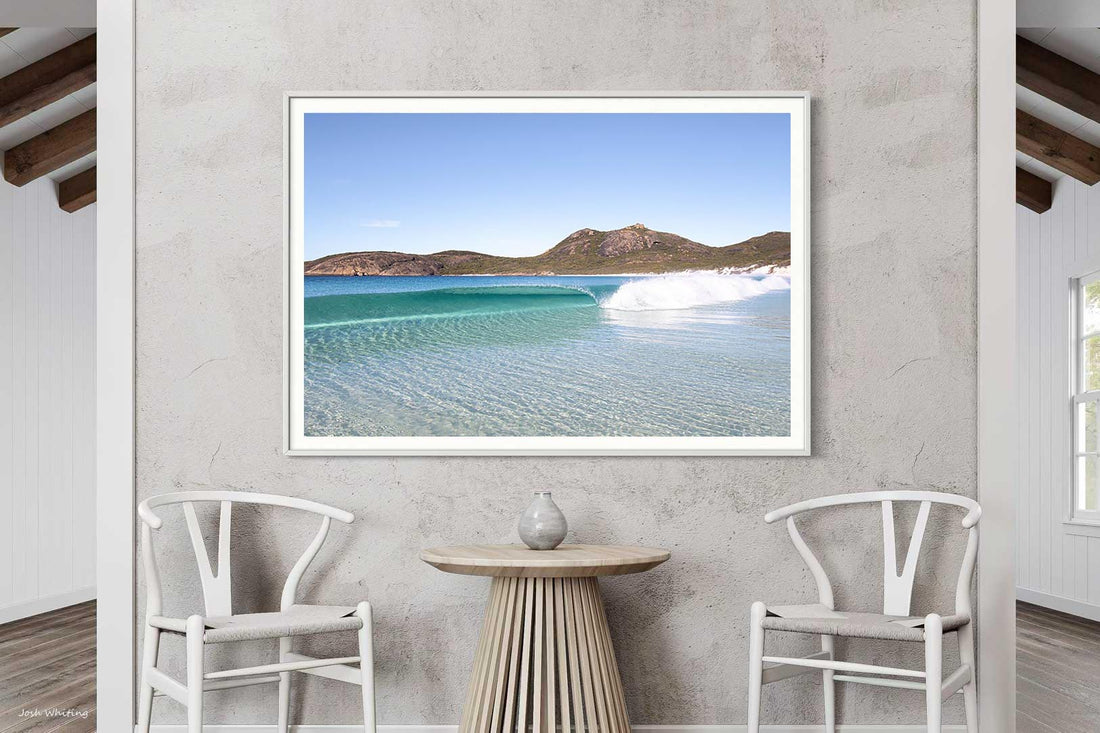 White framed coastal print of turquoise water and granite headlands at Hellfire Bay, Cape Le Grand National Park WA