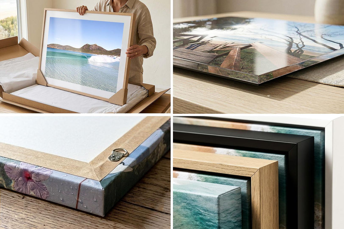 Close-up of print quality and framing detail — canvas, acrylic and framed corner samples for Hellfire Bay wall art