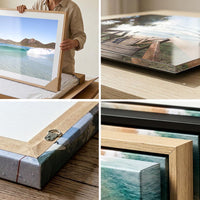 Close-up of print quality and framing detail — canvas, acrylic and framed corner samples for Hellfire Bay wall art