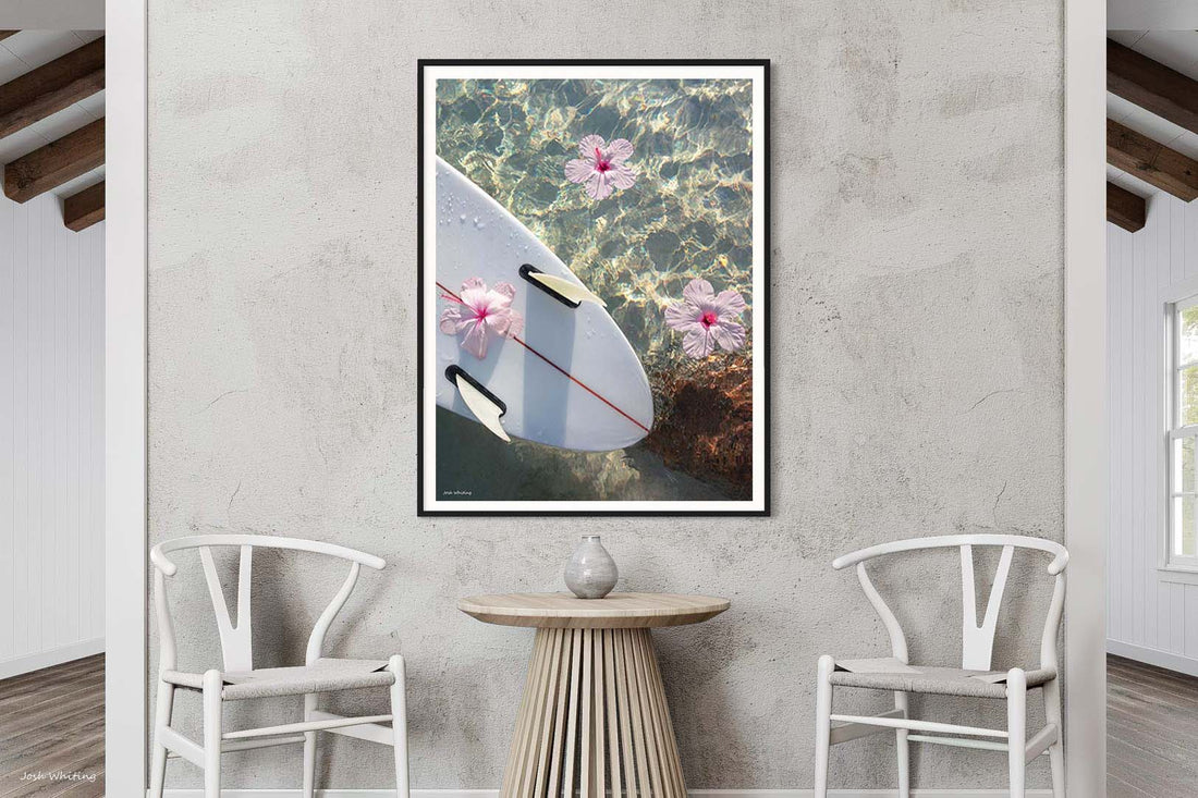 Contemporary surf lifestyle wall art — black framed print - extra large wall art - portrait coastal wall art - hibisucs flower surf art - coastal flower wall art - coastal hibiscus surf prints