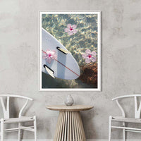 White framed surfboard wall art with pink hibiscus — soft coastal décor print - holiday home wall art - beach chic décor - gift for beach lovers - tropical home décor - tropical art