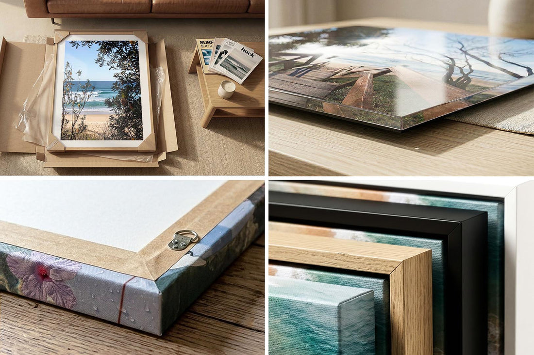Wall art print quality and packaging detail — canvas, acrylic and framed corner close-ups