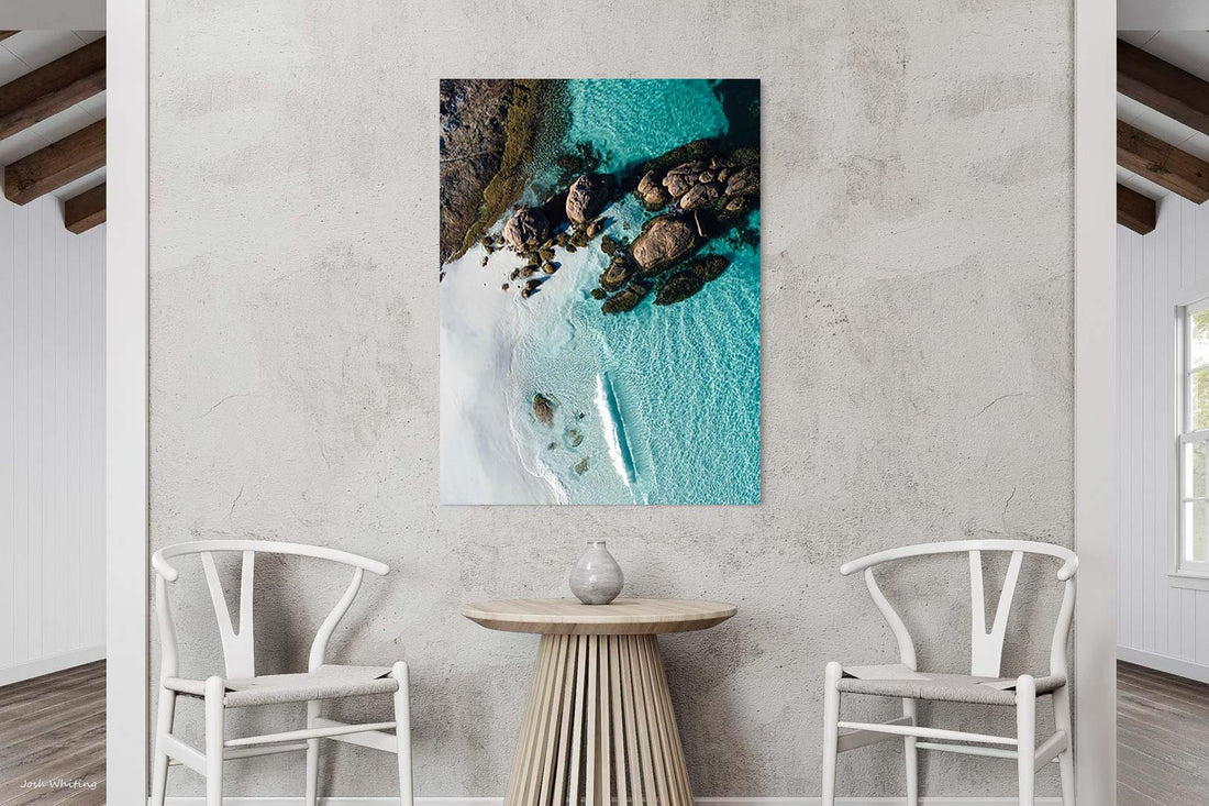 Gallery wrap canvas print, WA coastal wall art showing turquoise water and granite boulders at Little Hellfire Bay
