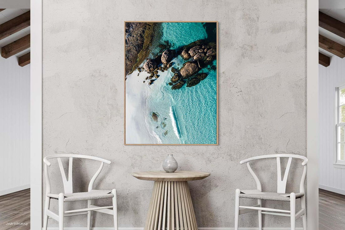 Oak floating frame canvas print, south coast WA wall art featuring granite boulders and turquoise water at Cape Le Grand National Park
