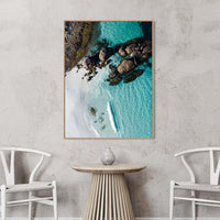 Oak floating frame canvas print, south coast WA wall art featuring granite boulders and turquoise water at Cape Le Grand National Park