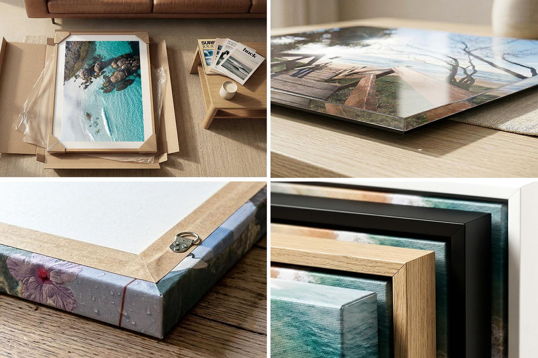 Wall art print quality and framing detail — canvas, acrylic and framed corner close-ups