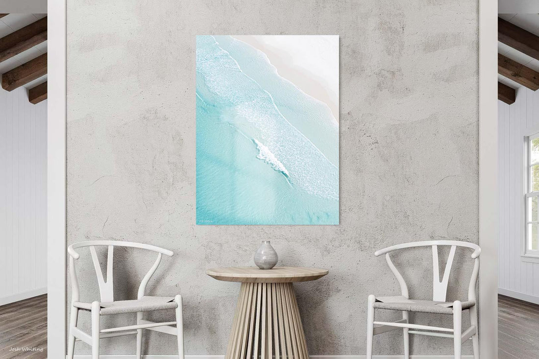 Frameless acrylic print of Open Coast, glossy finish that lifts the turquoise water and wave texture
