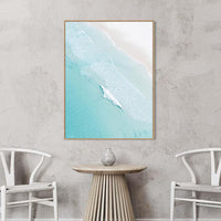 Oak floating frame canvas of Open Coast, soft turquoise and sand tones for boho coastal wall art