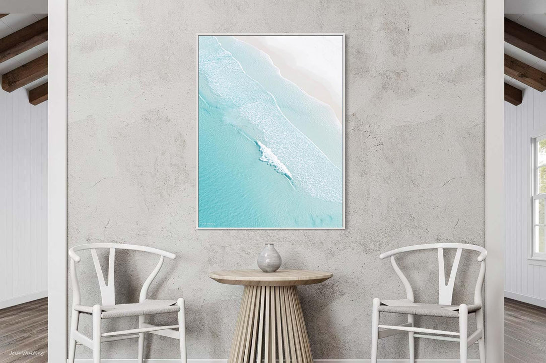 White floating frame canvas featuring Open Coast's aerial ocean view, coastal prints Australia for the home