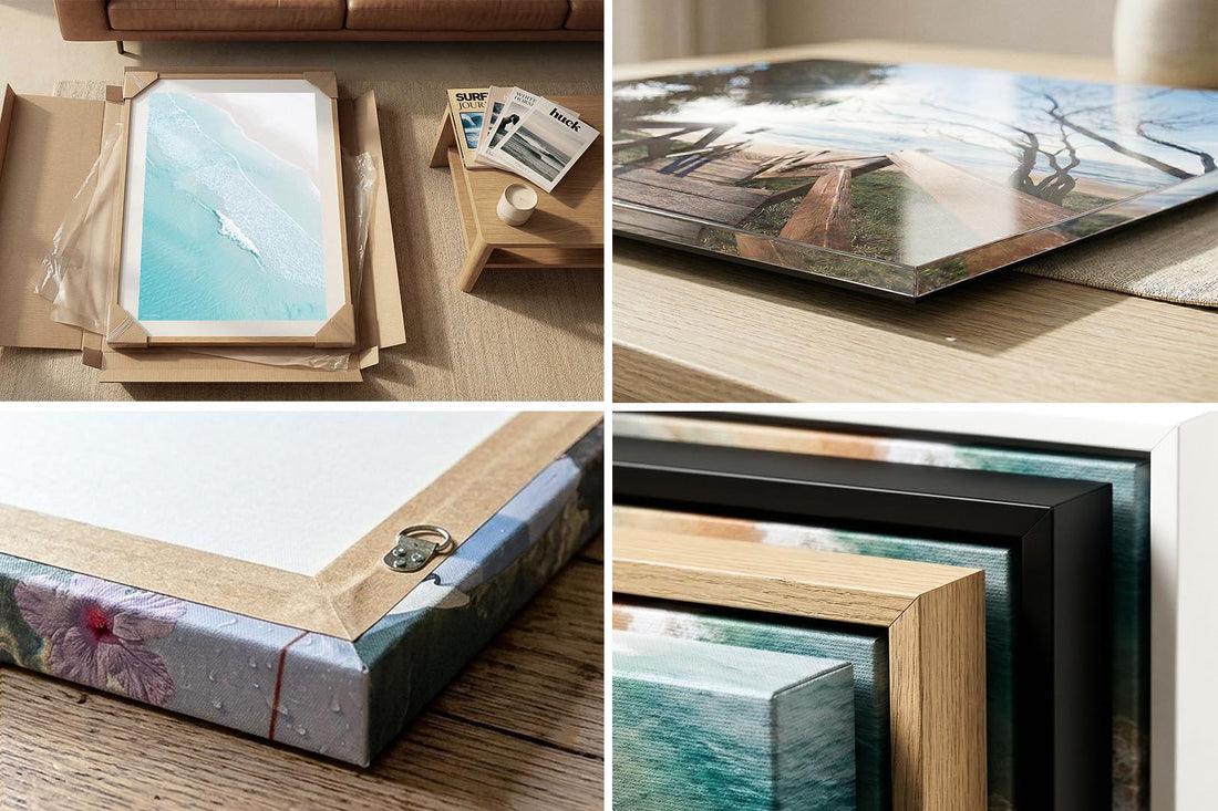 Close-up of print quality and framing detail — canvas, acrylic and framed corner samples for Open Coast wall art