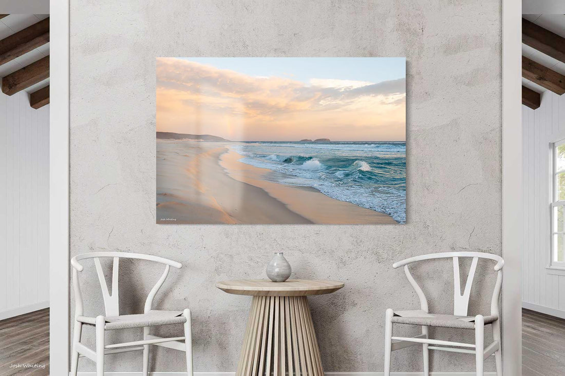Acrylic landscape photography print, glossy Australian wall art of the rainbow at Bremer Bay