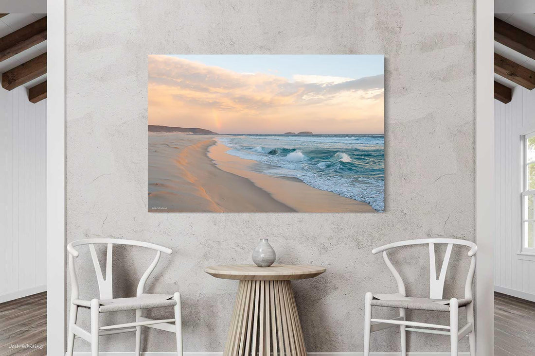 Gallery wrap canvas print, Australian landscape wall art featuring a rainbow at Reef Beach