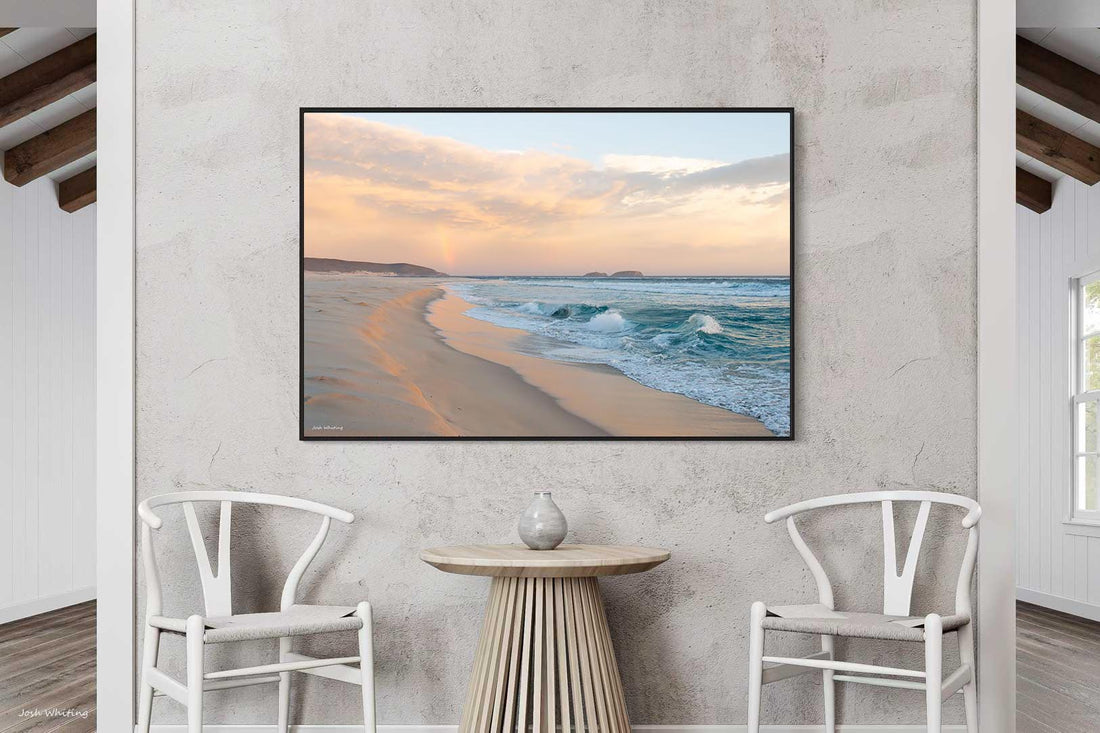Black floating frame canvas, bold landscape wall art of a rainbow over Reef Beach