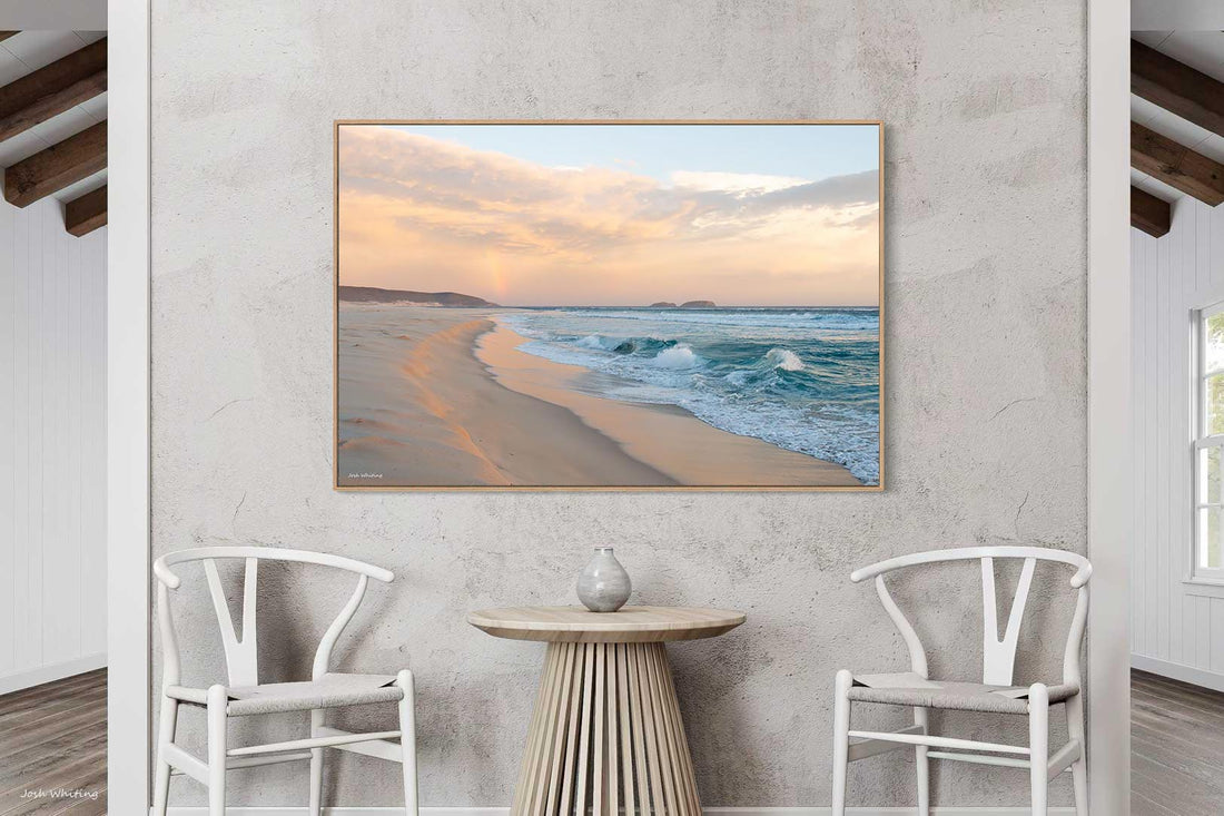 Oak floating frame canvas print, Australian landscape wall art featuring the rainbow at Bremer Bay