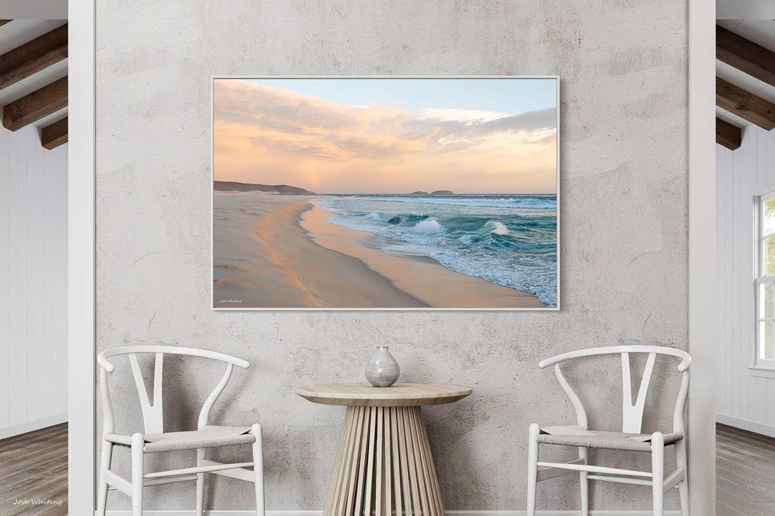 Extra large wall art canvas with a white floating frame, landscape photography of Reef Beach's rainbow