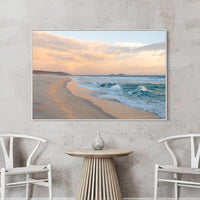 Extra large wall art canvas with a white floating frame, landscape photography of Reef Beach's rainbow