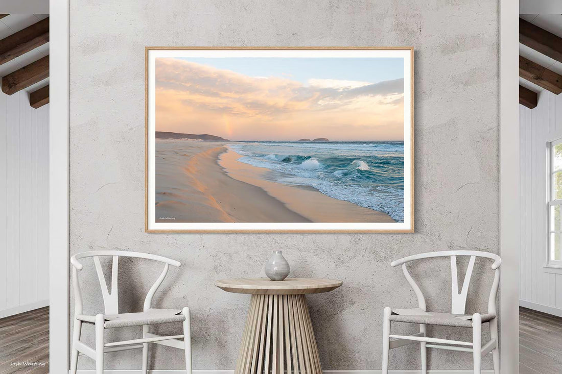 Oak framed landscape wall art print, storm light and rainbow photography from Bremer Bay
