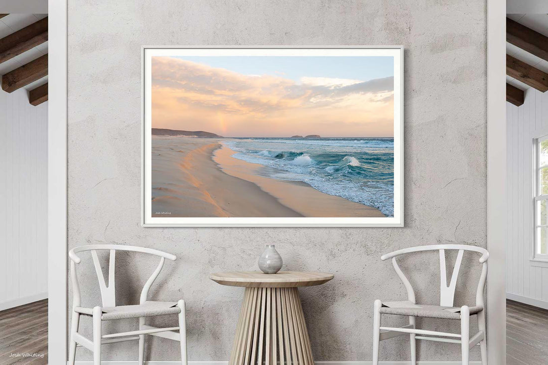 White framed landscape print, Australian wall art with a rainbow over the WA coast