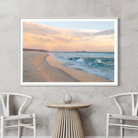 White framed landscape print, Australian wall art with a rainbow over the WA coast