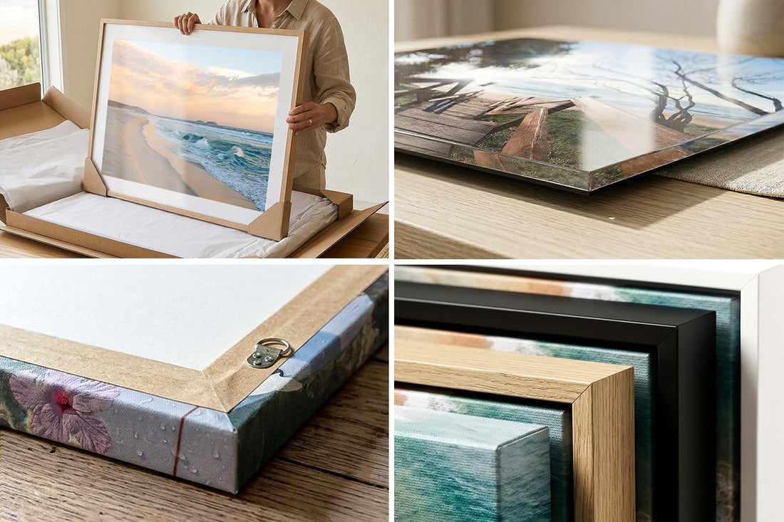 Wall art print quality and framing detail — canvas, acrylic and framed corner close-ups
