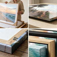 Wall art print quality and framing detail — canvas, acrylic and framed corner close-ups