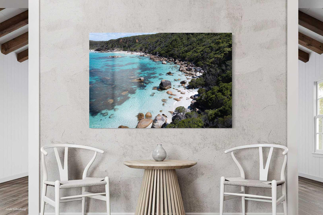 Acrylic aerial photography print, glossy Australian wall art of coastal rock pools