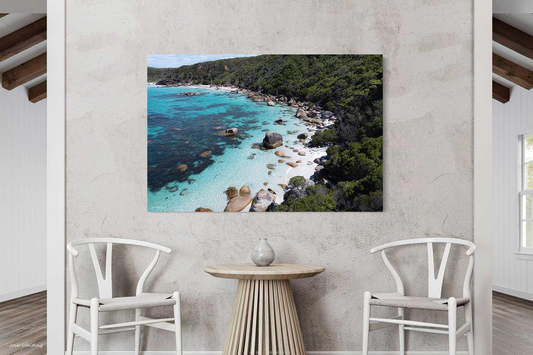 Gallery wrap canvas print, aerial landscape wall art featuring rock pools on the Australian coast