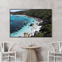 Black floating frame canvas, bold aerial landscape wall art of rock pools cut into the rock