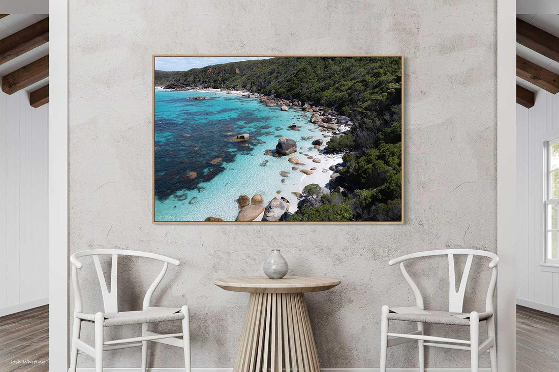 Oak floating frame canvas print, coastal wall art featuring rock pools along the Australian coast
