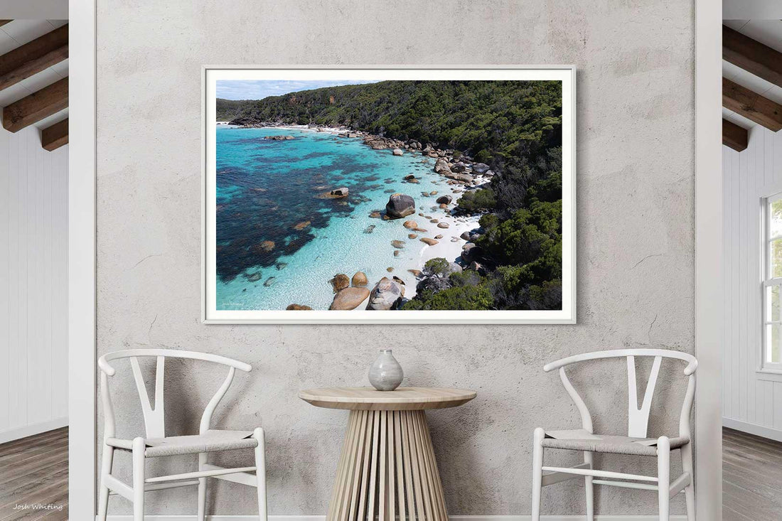 White framed aerial landscape print, Australian wall art of rock pools from above