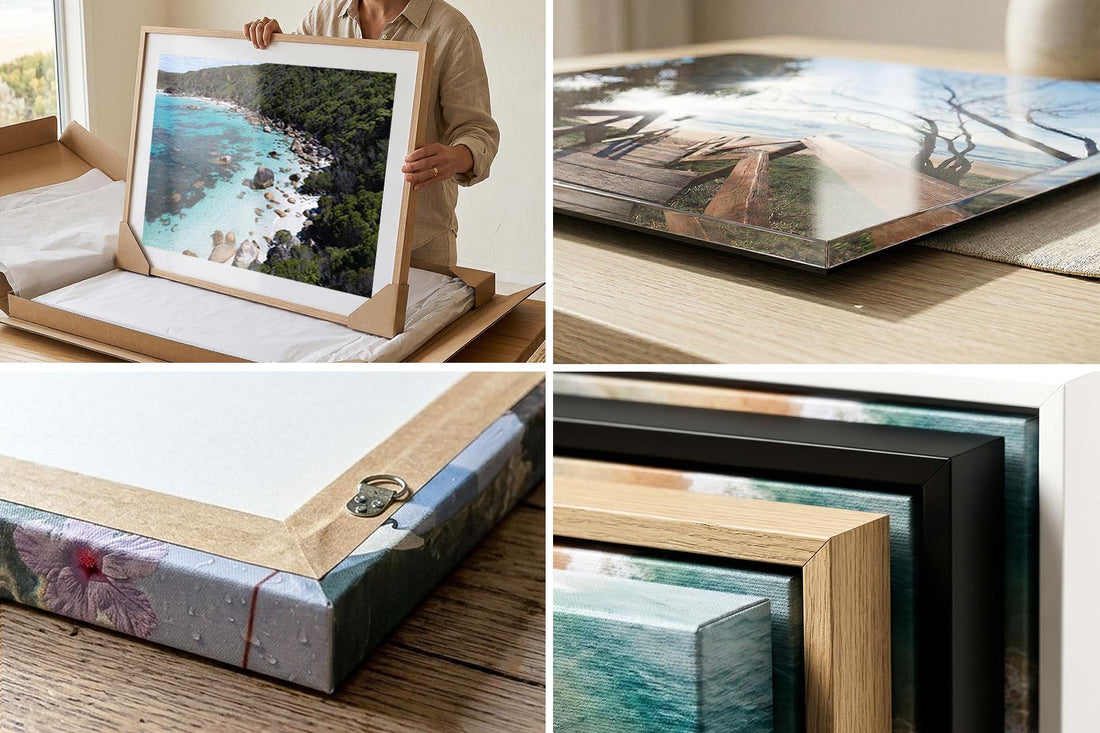 Wall art print quality and framing detail — canvas, acrylic and framed corner close-ups