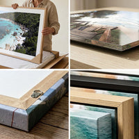 Wall art print quality and framing detail — canvas, acrylic and framed corner close-ups