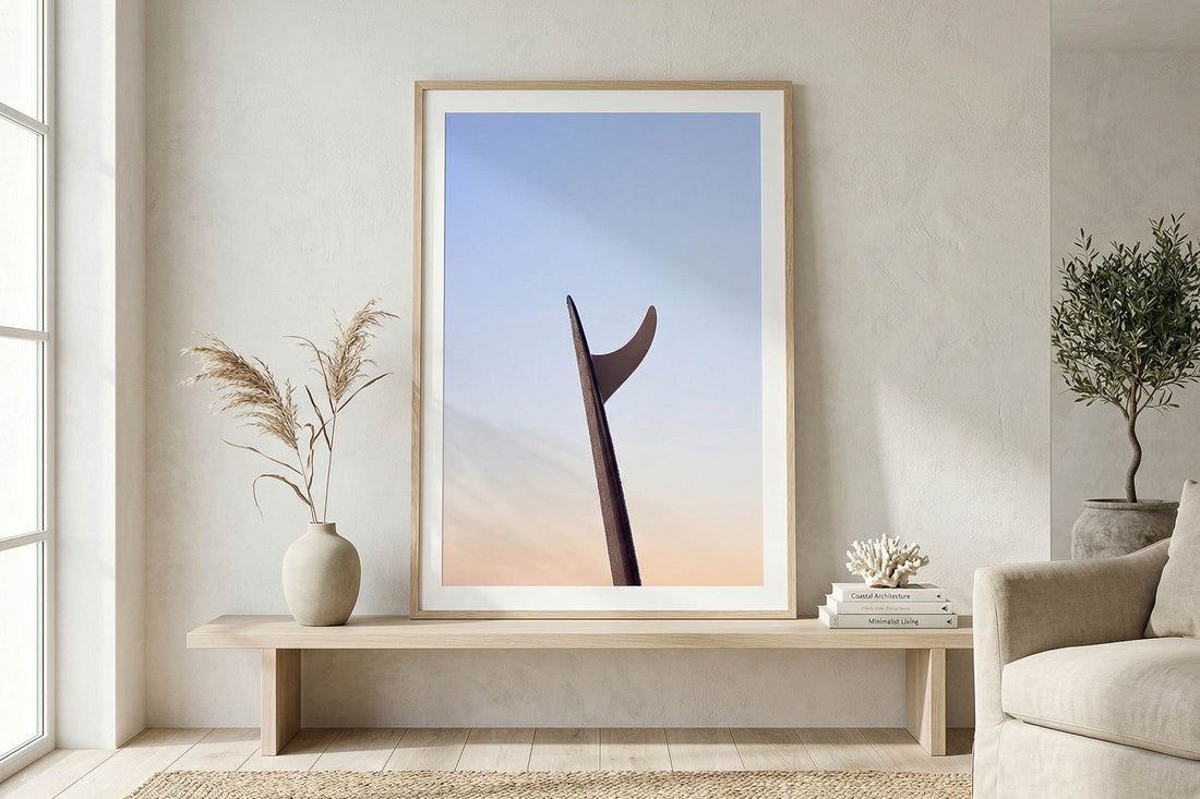 Single fin mal surfboard sunrise photography - oak framed print - minimalist surf wall art - neutral coastal living room - contemporary surf culture print - buy surf art online - Josh Whiting Photos